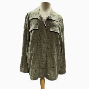 Chico's Olive Green Pieced Eyelet Zip Utility Jacket